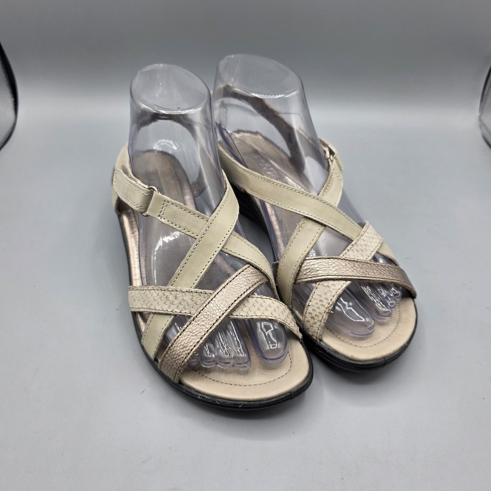 Ecco Sandals Womens 37 Beige Leather Strappy Faux Snake‎ Metallic Wedge Comfort